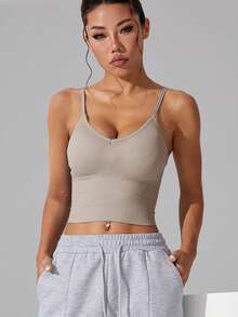 1pc Women's Adjustable Criss-Cross Strap Tight-Fitting Breathable Cropped Activewear Sports Camisole Tank Top - Khaki - View 2