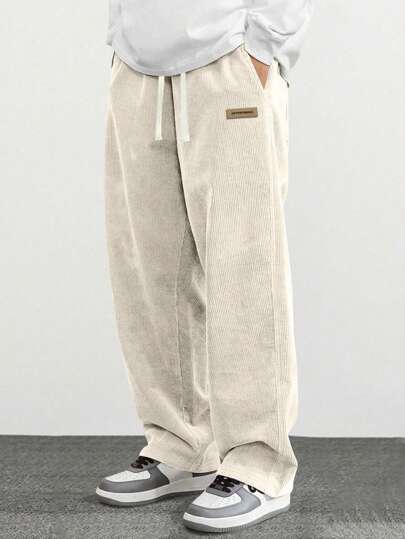 Men's Casual Corduroy Straight-Leg Pants With Graphic Print, Loose & Versatile, Suitable For Spring & Autumn