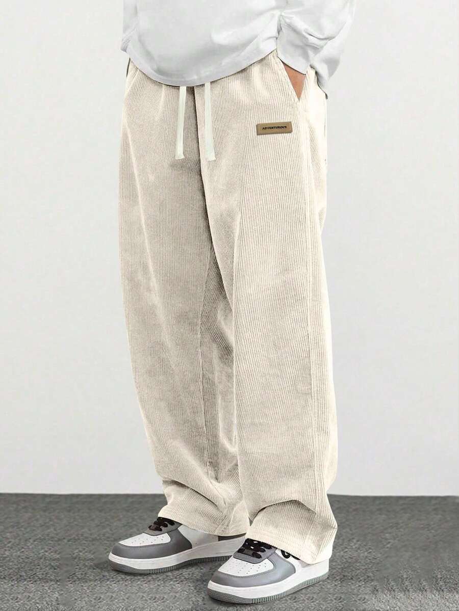 Men's Casual Corduroy Straight-Leg Pants With Graphic Print, Loose & Versatile, Suitable For Spring & Autumn
