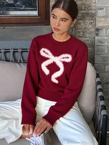 Livesso New Arrival Autumn Plush Bow Knitted Sweater For Women Christmas - Burgundy - View 3