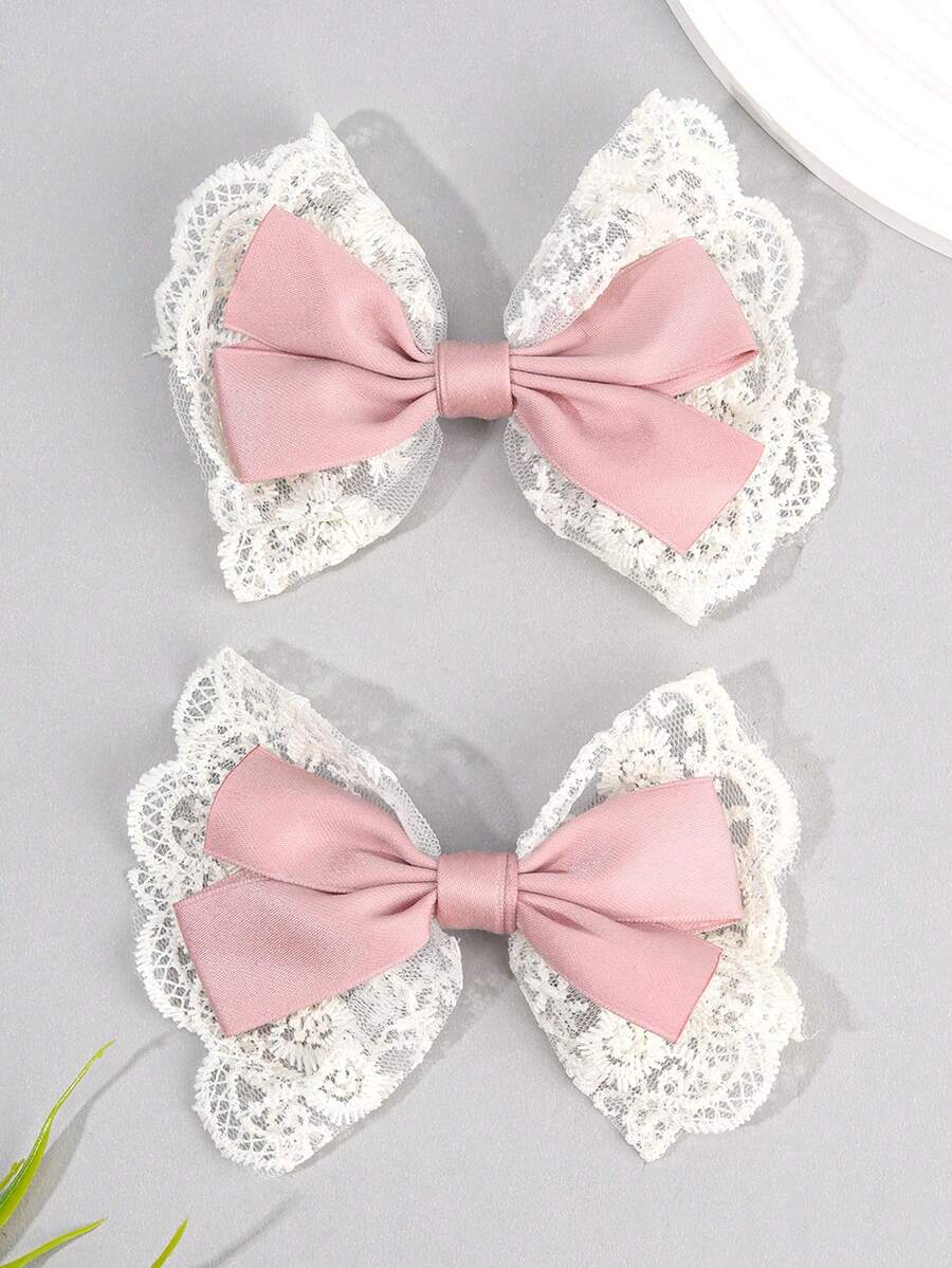 1/2个女孩可爱蕾丝蝴蝶结发夹，优雅缎面蝴蝶结发夹，适合婚礼、派对和日常佩戴，春夏复古风发饰，柔和的米色和粉色蝴蝶结，母女套装，女孩礼物 - 彩色 - 查看 1
