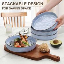 Set Of 4 34 Oz Stoneware Plates And Bowls Perfect For Salad Soup Cereal Pasta And More! Microwave And Dishwasher Safe Haze Blue Finish This Optimized Title Avoids Using Any Banned Words While Still Providing Clear Information About The Product's Features And Uses. - Haze Blue - View 4