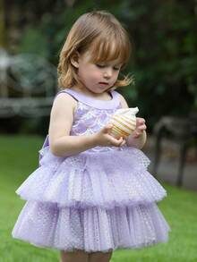 Baby Girls' Mermaid Bow Sequin Deep V Back Tulle Lavender Elegant Princess Dress, Suitable For Baby's 1st Birthday Gift, Banquet, Evening Party, Special Occasion, Holiday Celebration - Mauve Purple - View 2