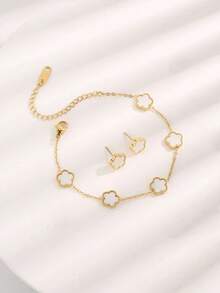 18k镀金贝母小花手链和四叶草耳环套装珠宝，高品质不褪色，2025年新品上市