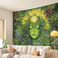 Vibrant Green Goddess Tapestry Wall Hanging – Horizontal Peach Light Beige Velvet, Glam Style Polyester Fabric With Intricate Floral & Sun Motif, Decorative Art For Living Room, Bedroom, Office - 顏色混合 - 查看 1