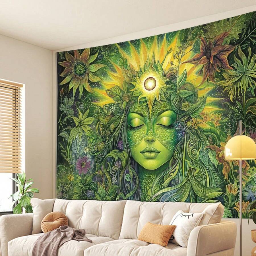 Vibrant Green Goddess Tapestry Wall Hanging – Horizontal Peach Light Beige Velvet, Glam Style Polyester Fabric With Intricate Floral & Sun Motif, Decorative Art For Living Room, Bedroom, Office - 顏色混合 - 查看 1