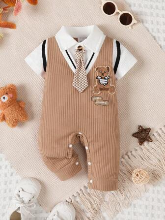 新生男婴绅士风格可爱熊短袖连体衣，适合0-18个月男孩生日派对