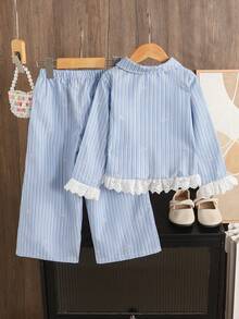2pcs/Set Toddler Girls' Bowknot, Plaid Print, Lace Trim Collar, Fashionable Casual, School Style Cute Top And Pants Set