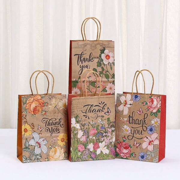 6 pièces/12 pièces Sacs cadeaux avec design floral, sacs en papier kraft avec poignées, sacs de remerciement vintage avec motif floral pour les faveurs de fête, la fête des mères, les fêtes, la baby shower, Thanksgiving, Halloween, convient pour les entreprises, les boutiques, les cadeaux, les faveurs de mariage. Couleur et style aléatoires