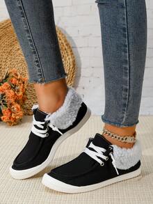 女士时尚经典黑色保暖内衬休闲鞋，圆头轻便系带乐福鞋，秋冬款