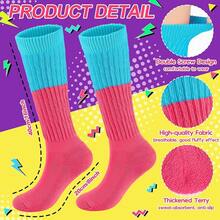 Neon Slouch Socks For Women Knee High With Scrunch Detail And Matching Neon Earrings Scrunchies Set For 80s 90s Retro Parties - 玫紅色-藍色 - 查看 3