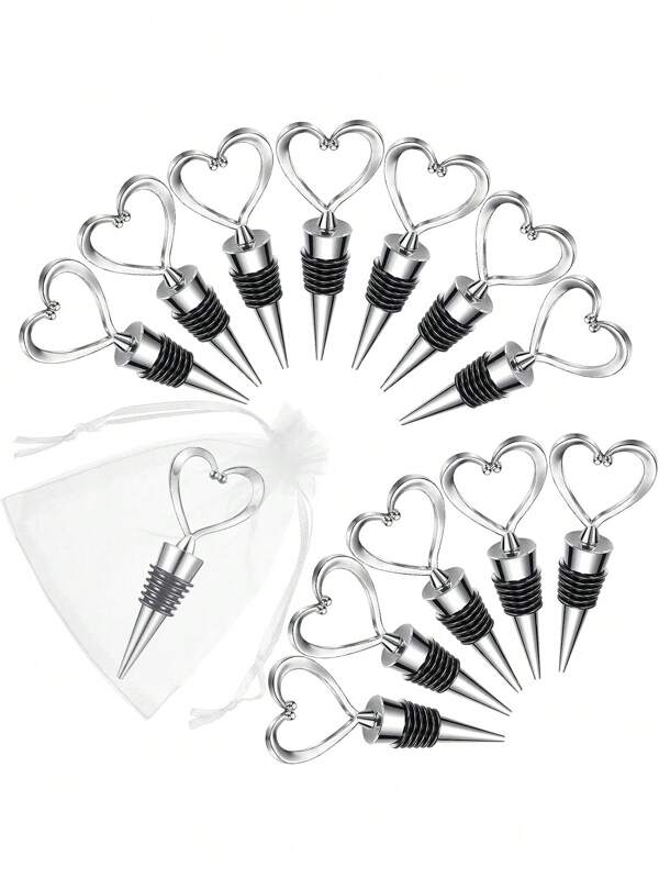 6 Sets Heart Shaped Wine Bottle Stoppers Wedding Bridal Gifts For Guests Plastic Heart Shaped Wine Stoppers With White Transparent Gauze Bag Wedding Gift Fresh Holiday Party,Valentine's Day Party Supplies