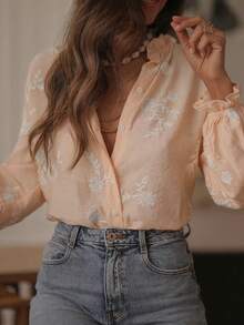 Hot Selling Retro Embroidery Ruffle Hem Floral & Leaf Print Buttoned Women Blouse, Daily Wear Spring - Apricot - View 3