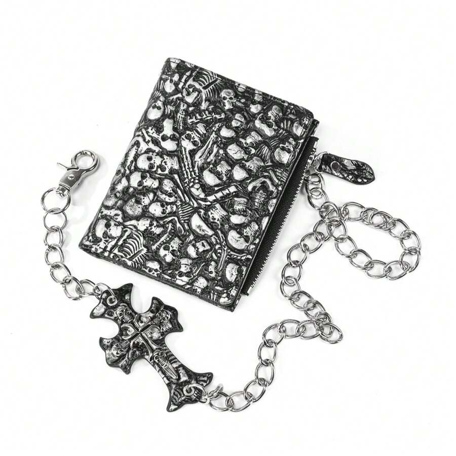 哥特式暗黑风格钱包朋克摩托车钱包带 3D 骷髅印花大容量存储卡夹多隔层零钱包户外街头时尚零钱包男士钱包迷你钱包钱包万圣节男士钱包皮革小钱包 - 銀色 - 查看 1