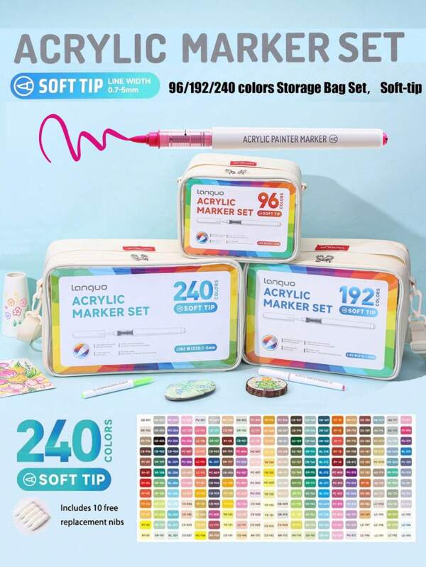 أقلام تحديد الألوان السائلة الأكريليك المباشرة من Languo من 240/192/96 لون مع حقيبة تخزين، أداة احترافية للرسم والهندسة للطلاب، رأس ناعم ولا يترك آثاراً على الورق، قابلة للسهل التراص، للتلوين والرسم الجرافيتي على الأوراق والزجاج والأحجار والجسم المقاوم للماء، هدية عيد الميلاد