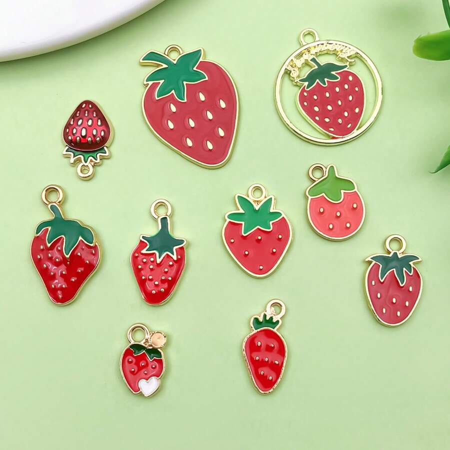10 件珐琅草莓串饰红色草莓吊坠金属可爱草莓串饰水果串饰适用于 DIY 手链耳环项链珠宝制作