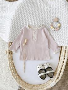 Newborn Baby Girls Sweet Lace Trim Elastic Pink Long Sleeve Basic T-Shirt, Spring/Autumn - Pink - View 2