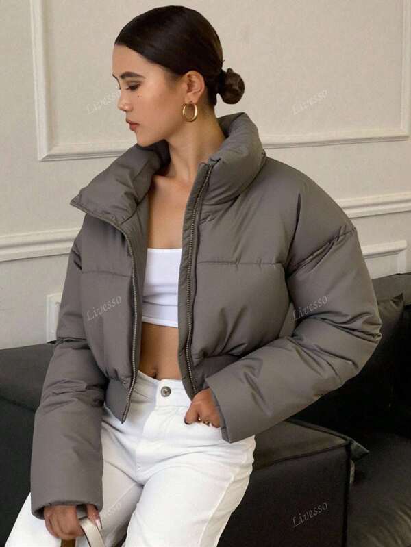 Livesso Drop Shoulder Zipper Crop Puffer Thick Pockets Coat ,Winter Women Clothes,Winter Coat Women