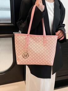 1 件白色复古花卉字母装饰金属五金 PU 手提包，大容量女士单肩包（金属吊坠左/右随机，不固定）