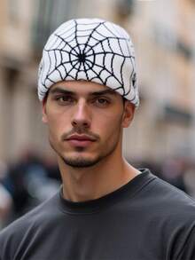 蜘蛛网黑白无檐针织帽，Y2K风格 - 彩色 - 查看 2