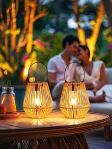 1pc Handcrafted Solar Powered Rattan Hanging Lantern, Waterproof Solar Lamp With Handle, Bohemian Style Decor For Garden, Patio, Porch, Trees, Pathways, 31.5cm Length - Multicolor - View 8