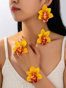 女士 5 件装热带花卉首饰套装（包含 1 对花耳环、1 条花项链、1 条花手链和 1 条花戒指），浪漫优雅的设计适合度假、海滩旅行、派对、摄影。 - 黃色花飾套裝 - 查看 1