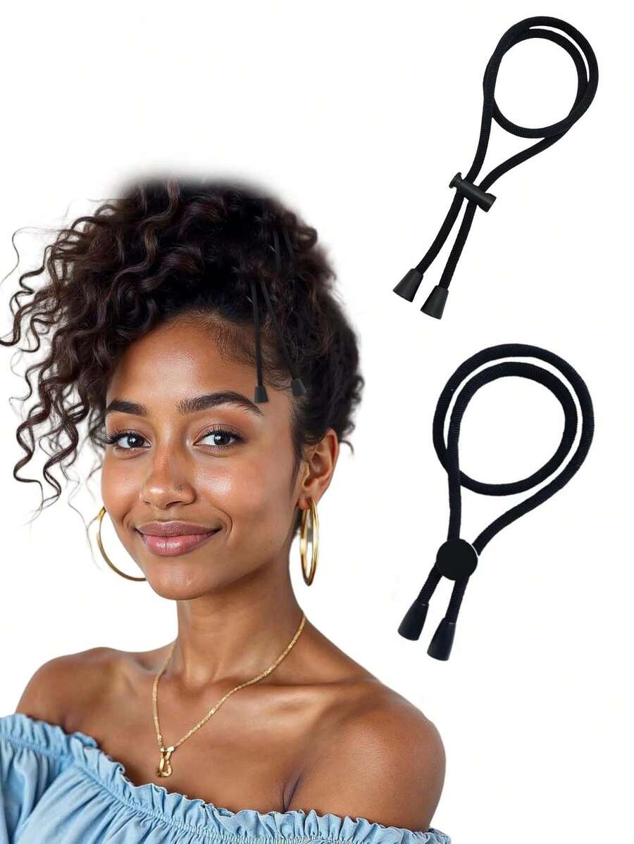 蓬松卷发救星！弹力发带，卷发专用，使用方便，抓力强，时尚黑色，提升你的非洲式发型，马尾辫固定器，发圈，发绳 - 黑色 - 查看 1