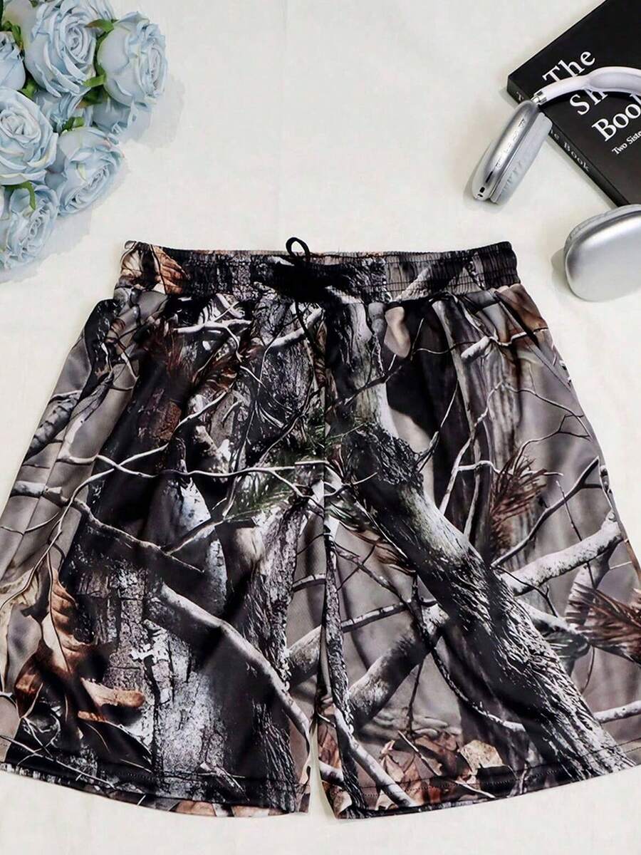 Pantalones cortos de cintura media ajustados con estampado tropical de árboles reales y malla de camuflaje informal de 5 pulgadas para hombre, transpirables y versátiles para baloncesto, golf, playa, gimnasio, correr. Ropa de verano para entrenamiento estilo urbano y unisex. - Marrón - Ver 1