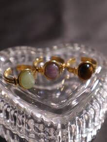 复古优雅椭圆形虎眼石可调节开口戒指，女士款 - 合成石、天然石、金色不锈钢，适合日常佩戴及特殊场合，亦可作为礼物 - 石頭 - 查看 10