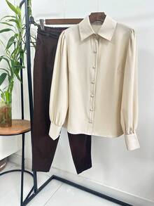 Women's White Shirt With Puff Sleeves JEMMY MODA - bege claro - 查看 2