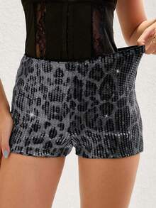Pantalones cortos brillantes con estampado de leopardo de lentejuelas estilo Y2K vintage, adecuados para fiestas rave y festivales de música, pantalones de moda para mujeres, ropa de verano Y2K - Gris - Ver 3