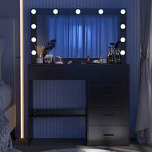 Black Makeup Vanity Table With Led Lighted Mirror Dressing Set , 5 Drawers, Large Lighted Mirror & LED Bulbs, 3 Color Lighting Modes & Dimmable, Girls Dressing Table With Led Mirror For Bedroom - Black