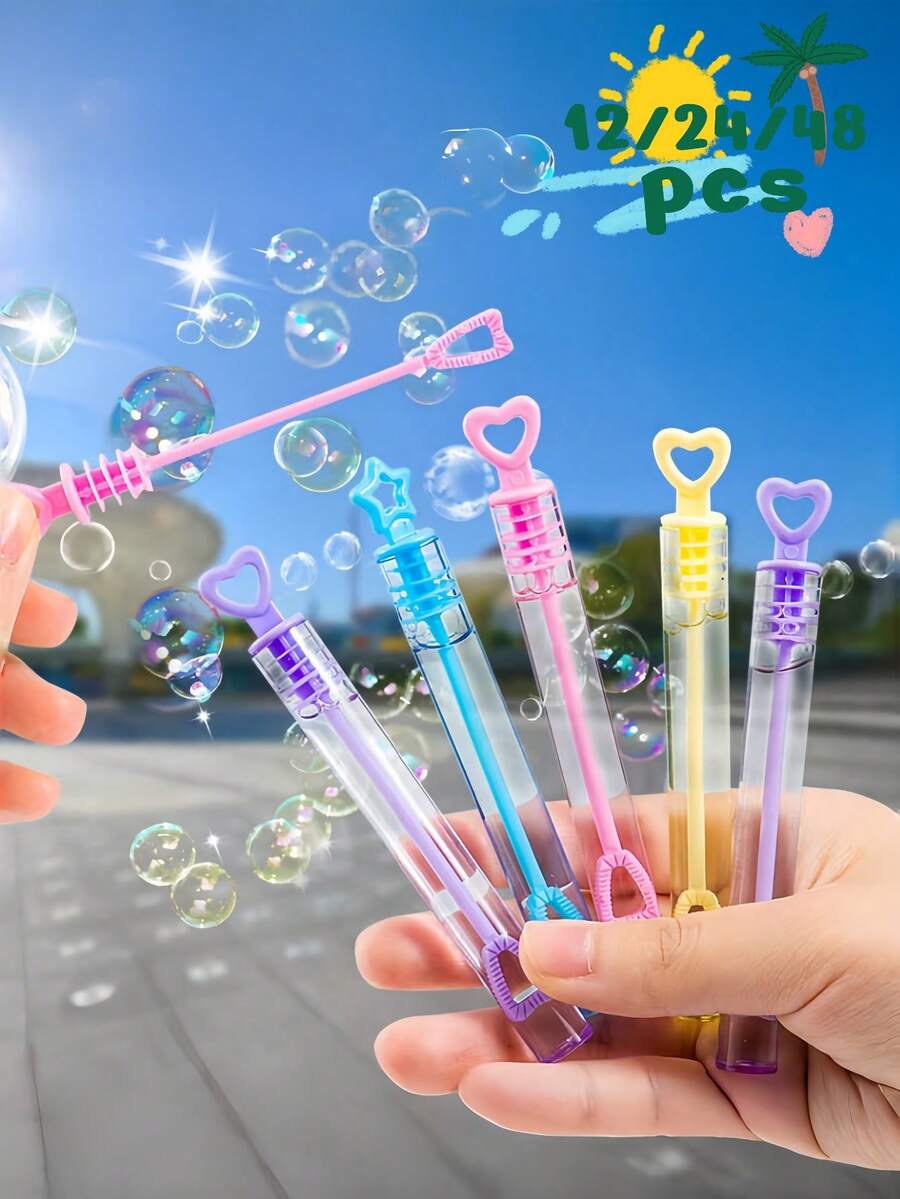 12/24/48件彩色迷你泡泡棒，可爱星形泡泡吸管，泡泡派对小礼品，派对桌面装饰，拍照道具，派对氛围营造工具。迷你泡泡棒颜色多样，非常适合生日派对、新年、圣诞节、情人节、嘉年华、礼品袋和派对小礼品。