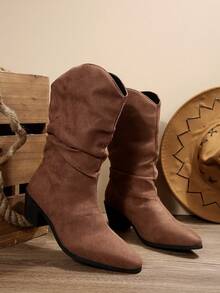 Nya höst-/vinterstövlar, spetsig tå, halvhög vad, grov klack, retro western ridstövlar, damstövlar, cowboystövlar - Brun - Visa 6