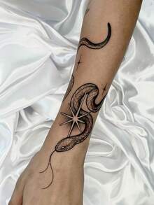 1pc Fashionable & Cool Temporary Tattoo Sticker, Shiny Stars & Serpent Waist Band Tattoo, PVC Tattoo Sticker Suitable For Couples, Black Faux Tattoo Design, One-Time Tattoo Pattern, Waterproof, No Reflection, Easy To Apply & Remove, Highly Realistic Tattoo Sticker