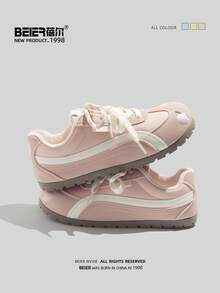 BEIER 1 Pair Women Casual Lace-Up Preppy Style Faux Leather Color Block Flat Shoes For Spring And Autumn,Sneakers For Women - Pink - View 3