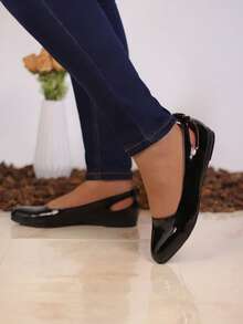 Zapatos de Mujer recubierto con Punta Redonda y Talón Descubierto, Estilo Elegante para Oficina, Slingbacks Planos - Negro - Ver 3