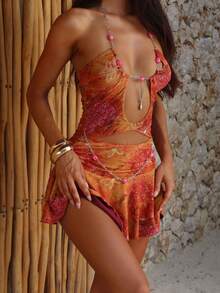 Women Y2k Sexy Mini Dress Boho Short A-Line Dress Summer Beach Vacation Clothes Outfits Hollow Out Metal Buckle Chain Halter Dress Backless Dress Ruffle Hem Dress Holiday Bohemian Clothes - 橘色 - 查看 5