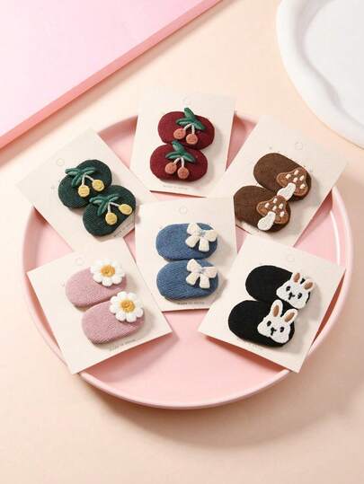 2pcs/Set Sweet Fabric Small Oval Hair Clips, Rabbit, Cherry, Flower, Mushroom Decor BB Clips, Minimalist Versatile Hair Clips & Accessories For Women