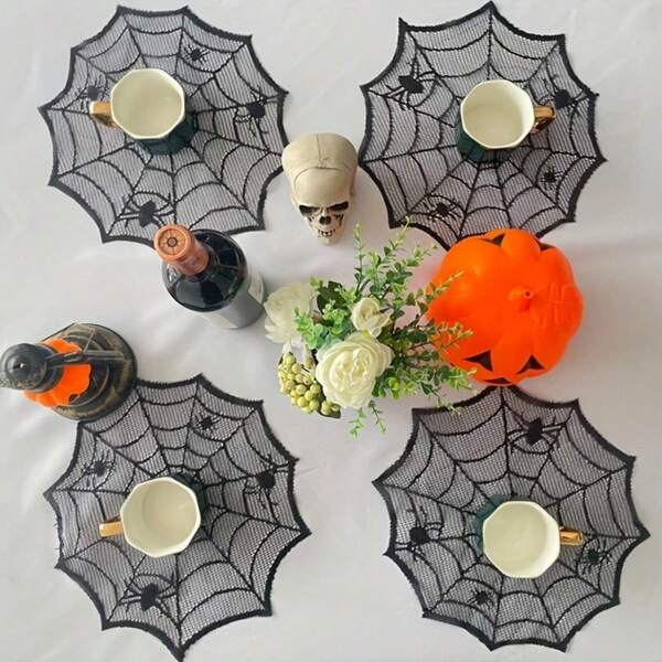 1/4pcs Black Lace Polyester Placemats, Halloween Round Placemats, Table Decor Napkins, Western Style Waterproof Dish Pads, Home Decor, Gifts