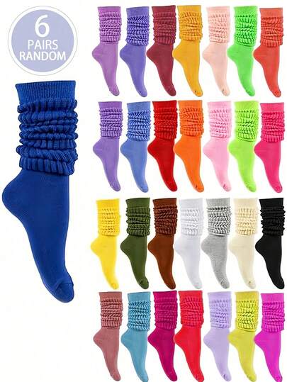 6 双儿童随机颜色时尚泡泡袜，舒适透气，经典欧式及膝休闲褶皱袜