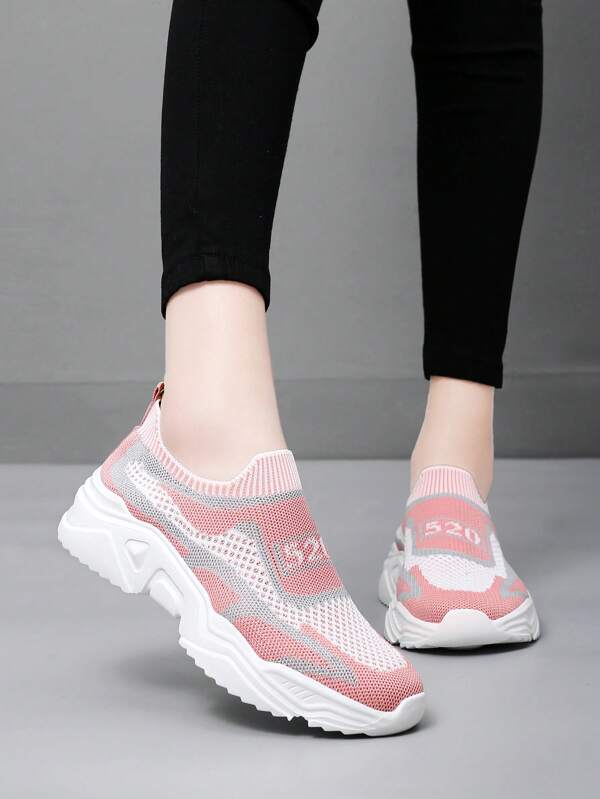 Women's Breathable Patchwork Slip-On Sneakers, Casual Style, Knitted Chunky Sole Sneakers, Pink Grey, Suitable For All Seasons
