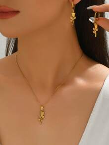 Conjunto de joyería de 3 piezas con collar y aretes con diseño minimalista y elegante de flor de rosa, adecuado para uso diario - Collar + Pendientes de Rosa - Ver 2