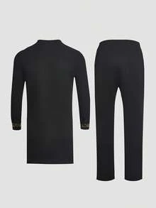 2 pièces/Set Chemise à manches longues col rond bleu Dashiki avec imprimé doré à l'ourlet et fente, pantalon taille élastique pour hommes. Ensemble chemise et pantalon décontracté pour hommes, nouveau style pour toutes les saisons, streetwear, soirée, rendez-vous, mariage, événements culturels, cérémonies traditionnelles