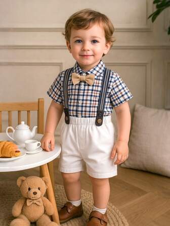 Hibobi 2-piezas Conjunto elegante de manga corta para bebé niño, Camisa a cuadros con pajarita y pantalones cortos con tirantes, ideal para bodas, fiestas y cumpleaños