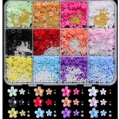 1500 Phụ kiện trang trí móng tay hình hoa mini nhiều màu sắc, nghệ thuật làm móng hoa 3D bằng acrylic với ngọc trai, hạt trứng cá muối màu vàng bạc, phụ kiện trang trí móng tay không mùi cho làm móng tay và đồ thủ công tự làm, đá quý làm móng