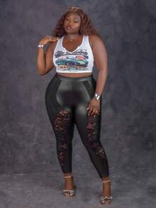 CurvyTilda Quần da giả cỡ lớn dành cho nữ của Tildaharris với ren tương phản, quần legging xuyên thấu gợi cảm, dành cho dáng người đồng hồ cát, thích hợp cho mùa hè. - màu đen - Xem 4