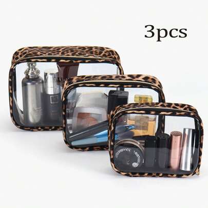 3pcs/Set Small, Medium And Large Leopard Print Makeup Bags, Portable Large Capacity Travel Organizer Makeup Bags, Transparent Makeup Bags, TPU Material Makeup Bags, TSA Approved Travel Toiletry Bags, Large Capacity Waterproof Travel Makeup Bags, Convenient Storage Bags, Travel Makeup Bags, Travel Toiletry Bags, Essential Gift Storage Bags, Zipper Accessories, Manicure Travel Essential Bags, For School, Vacation, Back To School, Toiletry Bags, Waterproof Toiletry Bags