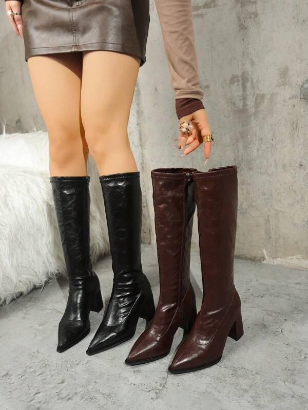 Women's Thick Heel Pointed Toe Tall Boots, European & American Fashion Icon Style, Black Over-The-Knee Boots