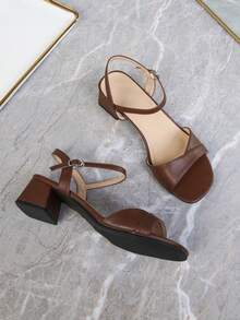 Plus Size Women's Sandals, Retro Coin Design Open Toe Ankle Strap Classic High Heel Versatile Backless Chunky Heel Mid-Heel Fashion French Style Sandals - Brown - View 7